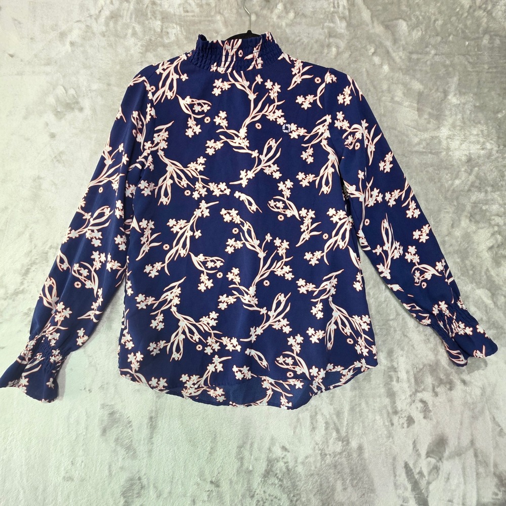 Lands End Outfitters Navy Blue Floral Smocked Mock Neck Blouse Top Size 4